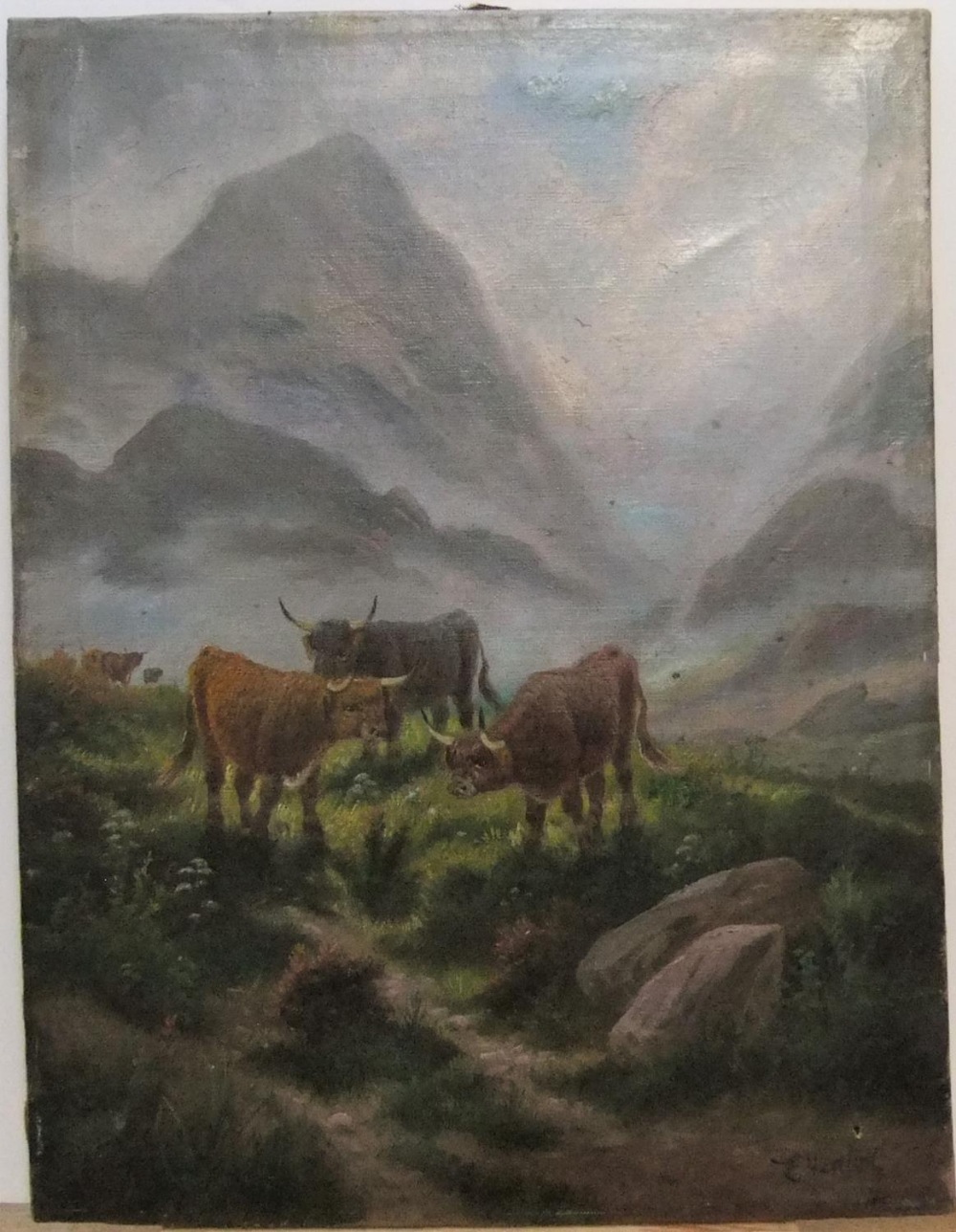 Early 20thC oil on canvas "Cattle in Highland landscape by E HEATON, unframed 51 x 38cm