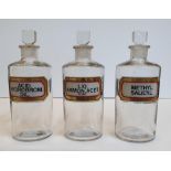 3 medium sized, good quality Chemist bottles with original labels & original glass stoppers, Each