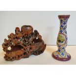 5 mixed items to include painted ceramic candlestick, soapstone carving, small Chinese vase etc (5)