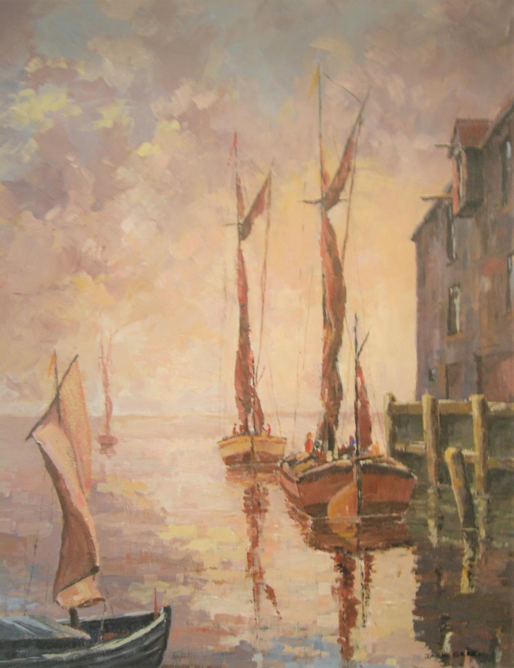 Jack Green impasto oil "Sailing boats in harbour", signed and framed 54 x 44 cm