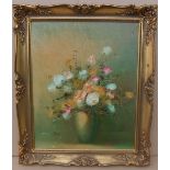 20c oil on canvas, still life, vase of flowers signed Fields? framed 52cm x 40cm