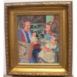 Unsigned, stylish early 20thC oil on board "Mothers & babies", framed 24 x 20 cm