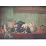 Unsigned, late Victorian miniature oil on board of 2 King Charles Spaniels on a table after the