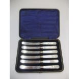 Cased set of 6 butter knives with mother of pearl handles & silver edging.