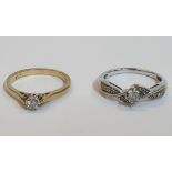 2 x 9ct Solitaire rings, one yellow gold and Diamond (0.1ct) solitaire ring, and one white gold