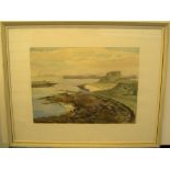 Susan Lascelles 1970 watercolour, "Panoramic coastal landscape", signed, framed and glazed 31 x 42