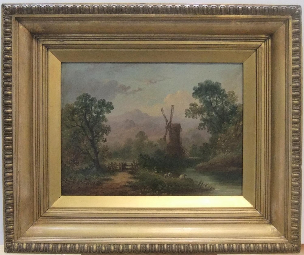 Late Victorian oil on artists board, "The riverside mill" initialled J.V.H in original gilt frame 25