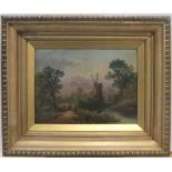 Late Victorian oil on artists board, "The riverside mill" initialled J.V.H in original gilt frame 25
