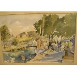Exhibited, large watercolour "Canal at Rodley" by Ernest Midwood, framed and glazed 36 x 54 cm