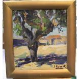 L Gosset 1960s impressionist oil on board, "French Courtyard", signed, framed, 26 x 23 cm