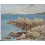 Indistinctly signed, mid 20thC, Impressionist oil on board, "Rocky coastal shoreline", unframed,