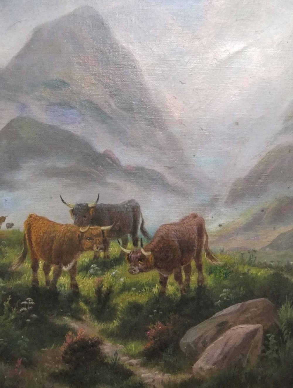 Early 20thC oil on canvas "Cattle in Highland landscape by E HEATON, unframed 51 x 38cm - Image 2 of 4