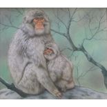 Unsigned vintage watercolour portrait of 2 Japanese snow monkeys, framed, 27 x 31 cm