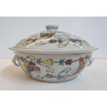 Good quality, unmarked, circular serving pot with lid, the pot decorated with butterflies & flowers