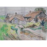 Lucie RIVEL (French 1910-c1995) coloured crayon "French farmstead", signed, framed & glazed 24 x