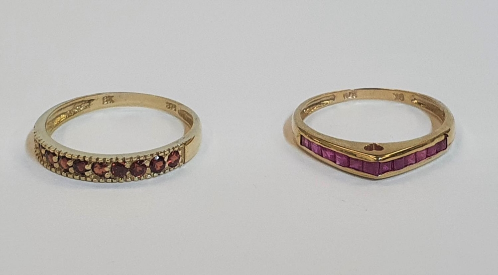 2 x 9ct Band rings, one yellow gold Natural Garnet band ring, and one yellow gold round Ruby band