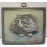 Early 20thC watercolour miniature of a cat, unsigned, thin metal frame and hanging clasp, 6 x 7.5 cm
