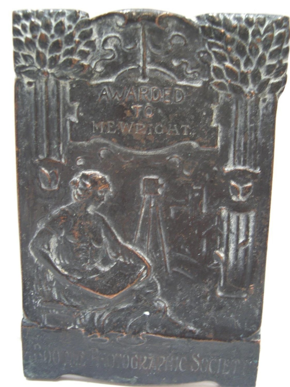 Art Nouveau period small bronze plaque for Bootle photographic society, awarded to M E Wright, 9 x 7