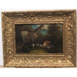 Indistinctly signed Victorian oil on board painting of a Pony and setter dog, old gilt plaster frame