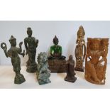 Collection of 7 Asian figures in wood, metal & stone etc