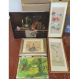5 oils, 1 still-life by Sweeting & a landscape & 3 Japanese prints (5)