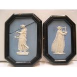 Pair of old Wedgewood cameo plaques (a/f) in thin ebonised frames 15 x 11 cm