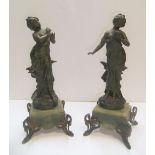 Antique pair of female nymphs on onyx stands after Moreau (a/f) Both at 39 cm high