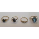 4 x 9ct rings, one yellow gold Agate ring, one yellow gold Sapphire and CZ ring, one yellow gold