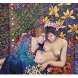 G O Render, impasto oil on canvas, portrait of 2 ladies embracing, signed and in painted frame,