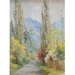 Indistinctly signed & dated impressionist oil on board, "Figures on a tree lined road", framed 35