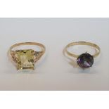 2 x 9ct yellow imported gold rings, one lemon Quartz with a small Diamond to each shoulder, and