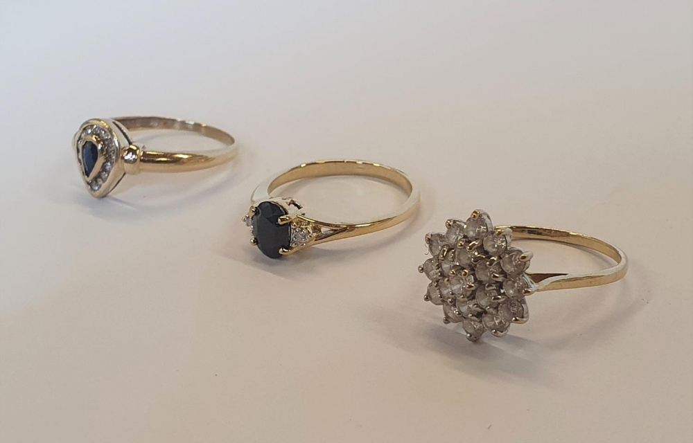 3 x 9ct rings, one yellow gold pear cut Sapphire ring, one yellow gold Sapphire and Diamond ring, - Image 3 of 3