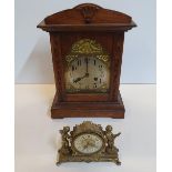 2 mantle clocks, 1 small gilt metal the other, traditional style wooden, complete with winder key