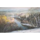 Large indistinctly signed oil on board, c1970s "River landscape", framed, 40 x 63 cm