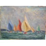 Unsigned impressionist oil on board, Racing yachts, in the style of Paul BEAUVAIS (1966),