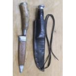 2 Good quality sheathed vintage knives in sheathes, 1 is animal horned handle German knife the other