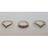 3 x 9ct rings, one yellow gold black stone wishbone ring, one yellow gold Ruby and Diamond 1/2