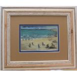 Indistinctly signed, 1949 French impressionist beach scene oil on card, in pleasing wood frame, 15 x
