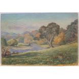 Unsigned, mid 20thC impressionist oil on board, "Autumnal landscape towards a distant river",