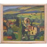Large unsigned, mid 20thC French oil on board, "Extensive country landscape", framed 52 x 61 cm