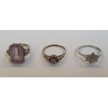3 x 9ct rings, one yellow gold Amethyst and Diamond ring, one yellow gold Ruby and Diamond cluster