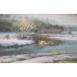 Large indistinctly signed oil on board, c1970s "Snowy landscape", framed, 40 x 63 cm