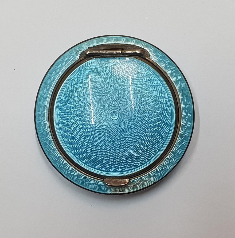 Edwardian silver & blue enamel ladies compact & mirror, 5 cm diameter - Image 2 of 5