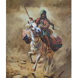 Large, good quality, 20thC oil on board of an Arab warrior on horse-back, unsigned, framed, 68 x