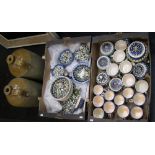 2 boxes of good quality Arab style crockery set & 2 large antique stoneware flagons,