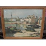 H Barnoin, old print of French harbour scene in original oak frame, The print measures 57 x 71 cm