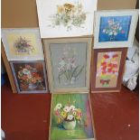 Collection of floral studies to include 4 watercolours, 1 oil and 2 prints and to include 1