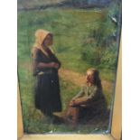 1875, 2 female figures oil on canvas study initialled A.M.M - requires some restoration in