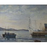 Circle of Hugh Boycott BROWN (1909-1990) oil on board, "Ships in harbour", bears initials, framed,