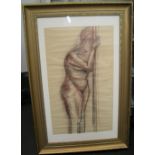 Large, unsigned, coloured crayon "Full-length nude study", framed & glazed, 66 x 38 cm